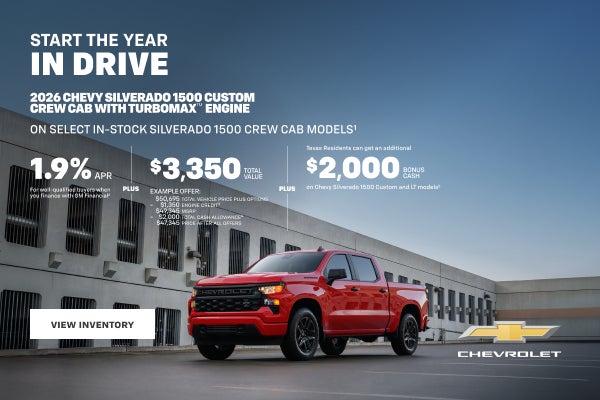 2026 Chevy Silverado 1500 Custom Crew Cab with TurboMax Engine. On select in-stock Silverado 1500...